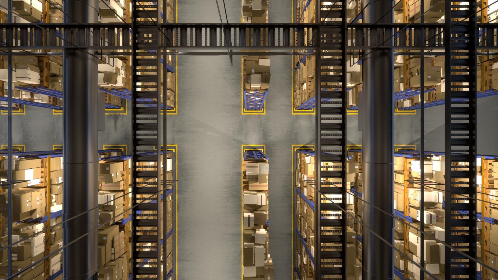 Stocked pallet racking and roller conveyors inside an EBR & Co. distribution warehouse